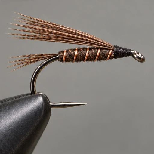 Pheasant Tail Nymph, step 4: Copper-ribbed abdomen; wingcase bundle projects backward.