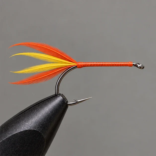 Yellow inner tail feathers flanked by orange feathers, with no collar yet.