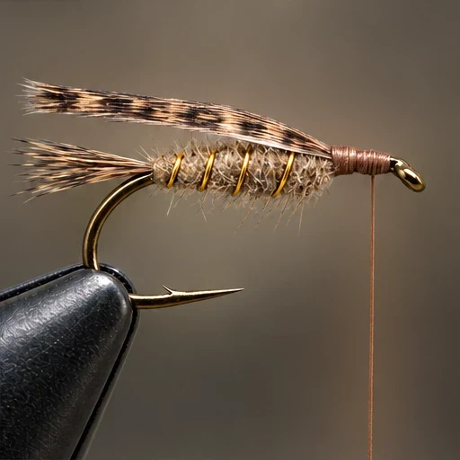 Gold-Ribbed Hare’s Ear, step 4: Gold-ribbed abdomen; mottled turkey slip extends backward.