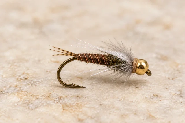 Bead-head Lil’ Spanker with pheasant-tail body and gray CDC collar