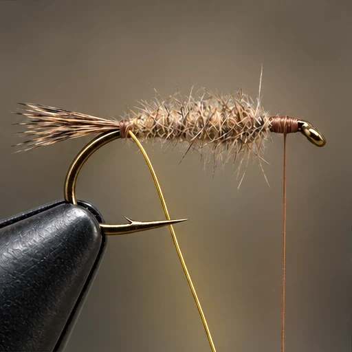 Gold-Ribbed Hare’s Ear, step 3: Tapered tan abdomen; loose gold wire remains at rear.