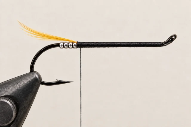 Golden pheasant crest tied above the silver tag on an otherwise thread-covered hook.