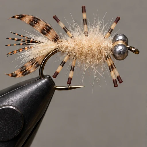 A bushy cream body surrounds the shank; legs remain free.
