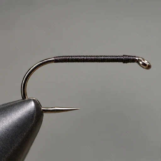 Pheasant Tail Nymph, step 1: Plain thread-covered hook; no bead.