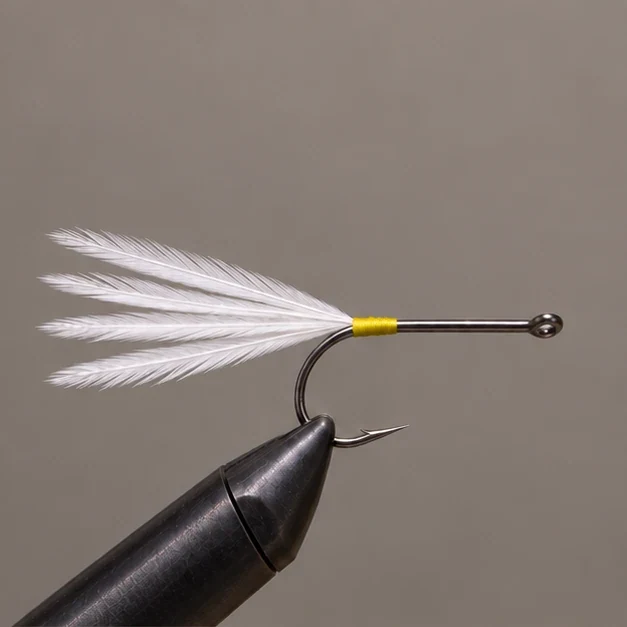 White feather tail secured on a hook with bare front shank.
