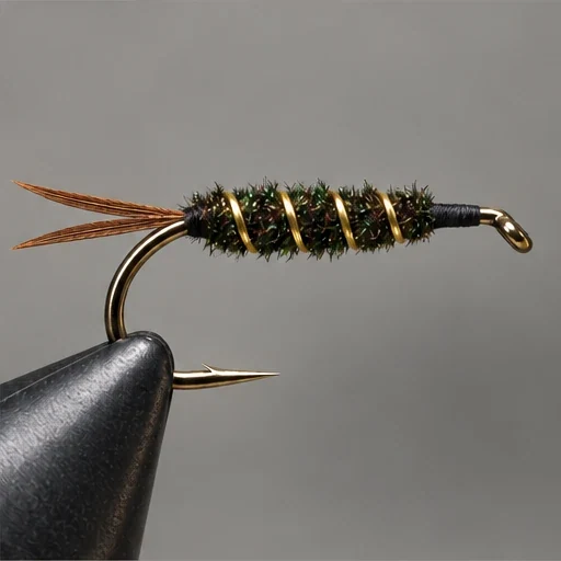 Prince Nymph, step 4: Dark peacock body crossed by evenly spaced gold spirals.