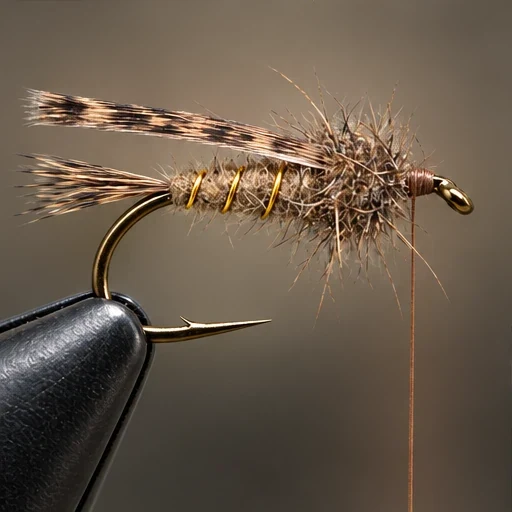 Gold-Ribbed Hare’s Ear, step 5: Darker shaggy thorax; turkey slip remains unfolded.