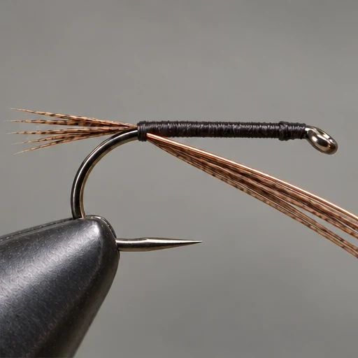 Pheasant Tail Nymph, step 2: Fine fiber tail; copper wire and fiber butts unwrapped.