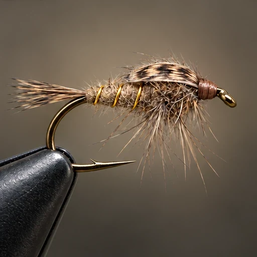 Gold-Ribbed Hare’s Ear, step 6: Mottled wingcase over thorax; sparse hairs form legs.