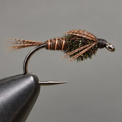 Pheasant Tail Nymph, step 6: Brown wingcase bridges thorax; paired rearward leg groups.