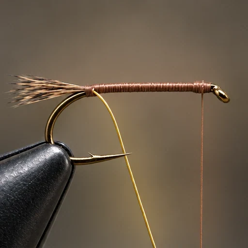 Gold-Ribbed Hare’s Ear, step 2: Mottled guard-hair tail; gold wire loose at bend.
