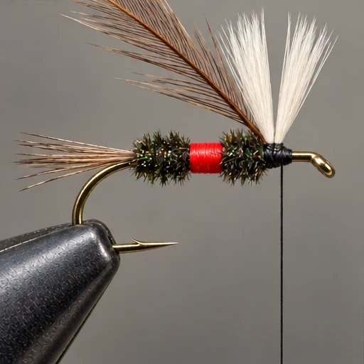 Royal Wulff, step 5: Herl-red-herl body; unwrapped hackle attached behind wings.