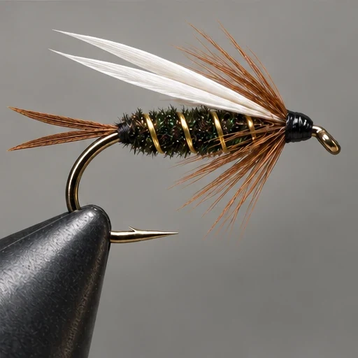 Prince Nymph, step 6: Paired white biots lie above body; brown collar below.