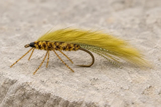Olive Zirdle Bug with rabbit-strip back, variegated body and rubber legs