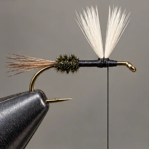 Royal Wulff, step 3: Short green-black herl section immediately ahead of tail.