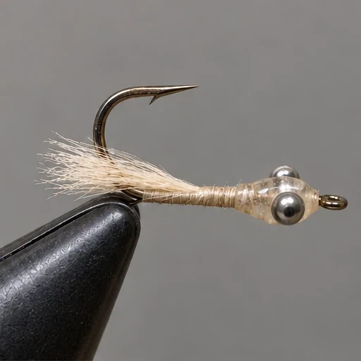 Hook point faces upward above a short cream fiber underwing.