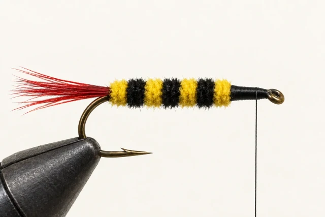 Alternating yellow and black chenille bands cover the body behind clear front tying space.