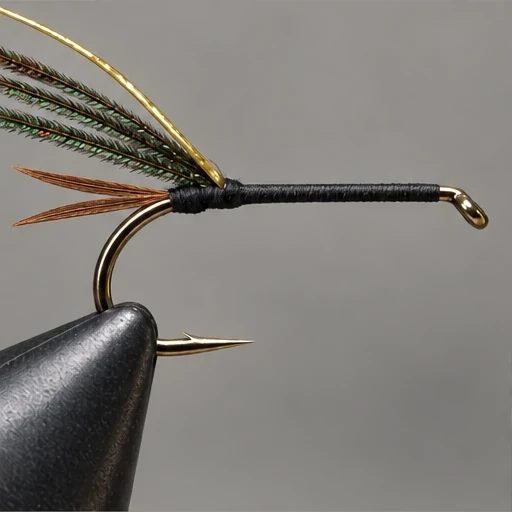 Prince Nymph, step 3: Loose gold tinsel and peacock strands attached at tail base.