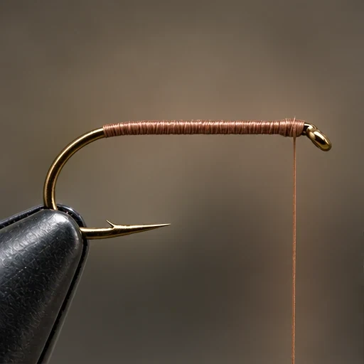 Gold-Ribbed Hare’s Ear, step 1: Brown thread foundation; clear eye; no bead.