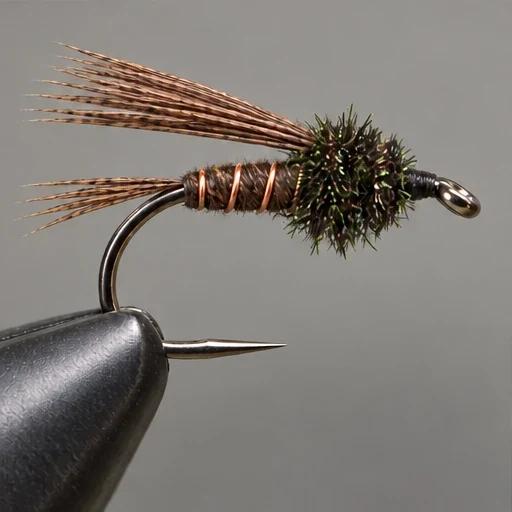 Pheasant Tail Nymph, step 5: Rounded green-black thorax; wingcase still pointing rearward.