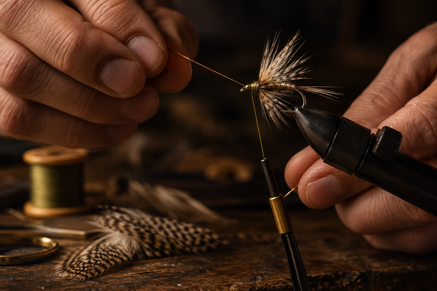 A fly tyer working at the vise