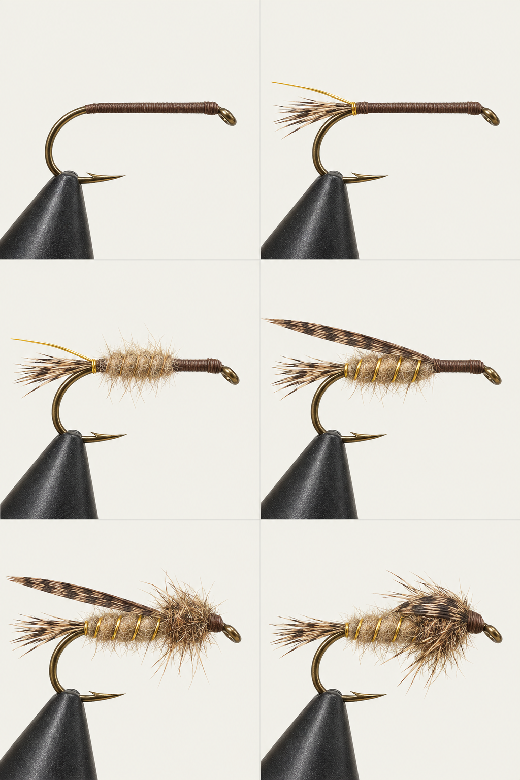 Gold-Ribbed Hare’s Ear, step 1: Brown thread foundation; clear eye; no bead.
