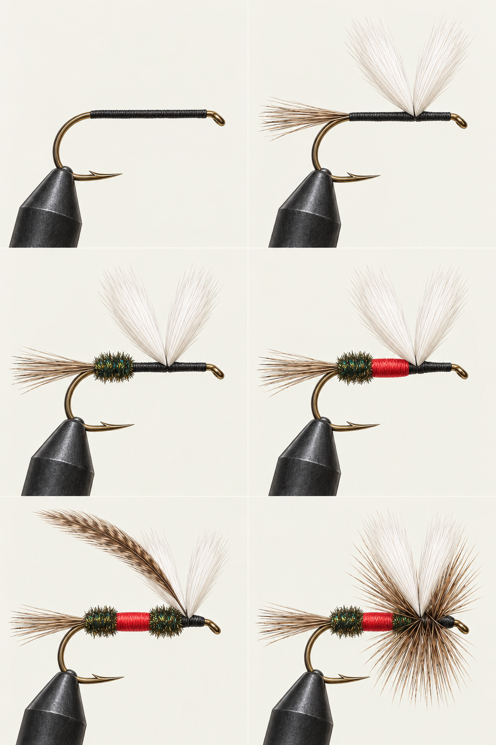 Royal Wulff, step 1: Black thread foundation only; front eye remains clear.